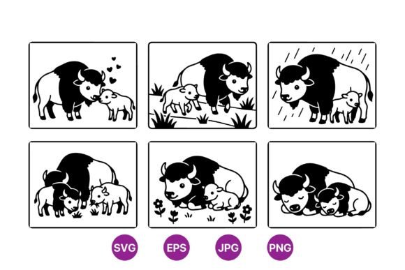 Cute Buffalo Mom and Baby SVG: Graphics & Illustrations
