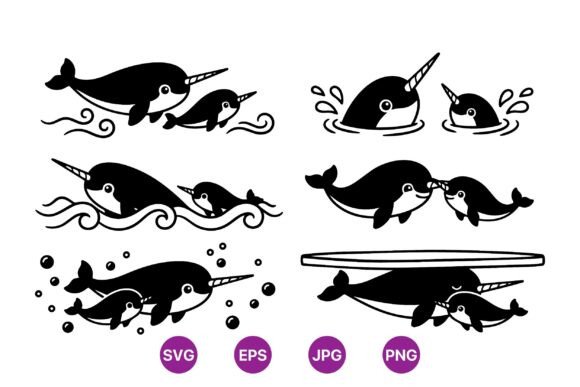 Cute Narwhal Mom and Baby SVG: Graphics & Illustrations