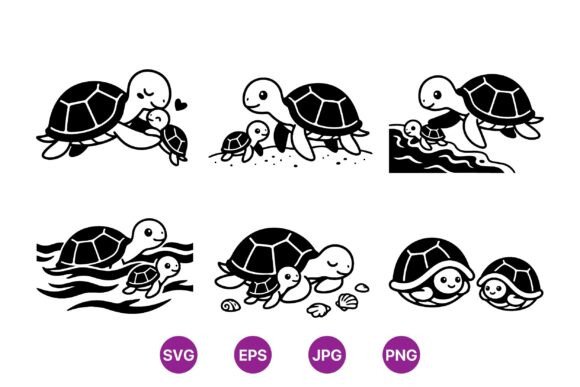 Cute Turtle Mom and Baby SVG: Graphics & Illustrations