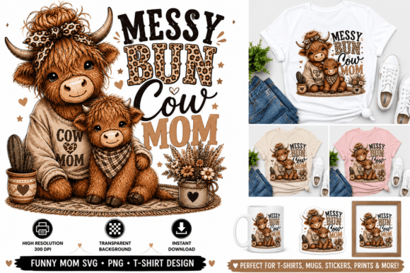 Messy Bun Cow Mom Graphics for T-Shirt Designs